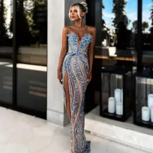 Gaun Prom Mengkilap Off Bahu V-neck Tanpa Lengan Gaun Malam Panjang Lantai Gaun Pesta Formal Panjang dengan Celah فساتين سهره