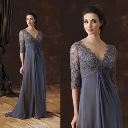 Vestidos grises para madre de la novia, novedad de 2021, elegante aplique de encaje con cuentas, vestido largo de talla grande con cuello en V para fiesta de boda, vestido de noche para madre