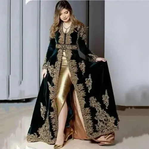 2024 Algerian Evening Dresses Babae Dubai Arabic Velvet Gold Black Applique Lace Mermaid Prom Dress فساتين السهرة Gala Robes
