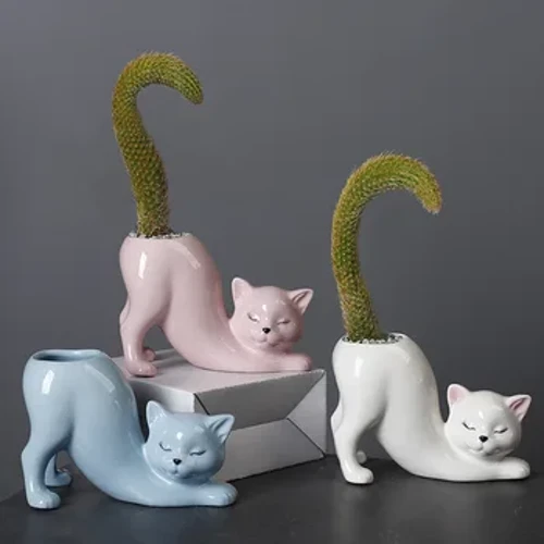 Cartwn Cat Fâs Pot Blodau Cat Ciwt Cynffon Plannu Pot Porslen Pot Blodau Porslen Pot Blodau Addurno Cartref Affeithwyr
