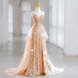 I-Sequined Temperament Izingubo Zomshado Ezinhle Kancane Okhalweni Oluncane I-Sling Prom Igqoka Kanokusho I-Shinny Mesh Tailing Evening Vestidos