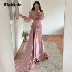 Eightale Smaragdgrüne Meerjungfrau Abendkleider V-Ausschnitt Glitzer Ballkleid mit langen Puffärmeln Satin formelles Hochzeitspartykleid