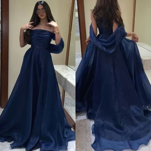 Gwisgoedd Prom Ansawdd Uchel Coeth Strapless A-lein Draped Tulle Achlysurol Ffurfiol Gŵn Robe De Soiree Dubai Luxe