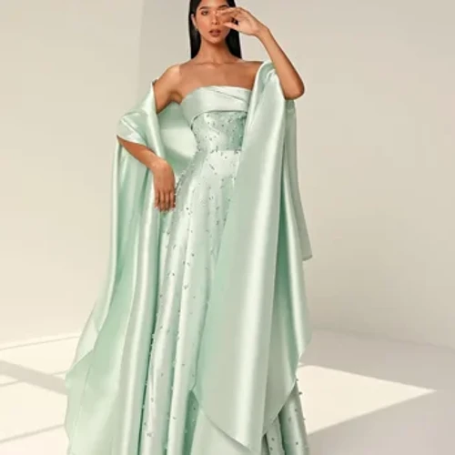Arab Saudi Acara Formal Wanita Prom Dresses Strapless Beaded Mewah Kontes Pesta Ulang Tahun Gaun Malam dengan Wraps Vestidos