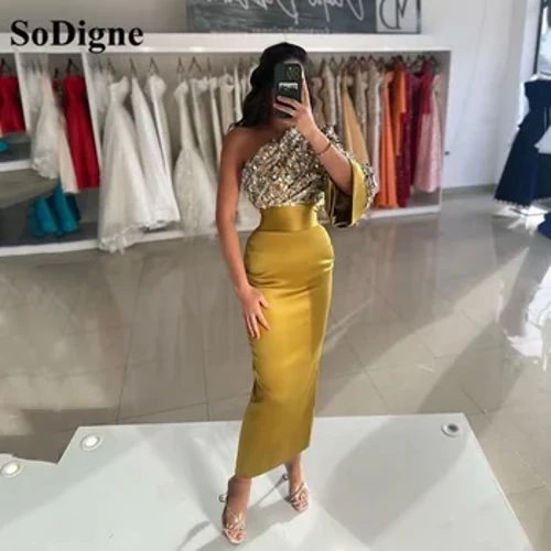 SoDigne Champagne Prom Dress Para sa Babae Party Arabic One Shoulder Mermaid Evening Gowns Graduation Banquet Party Dress