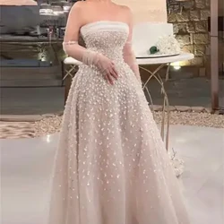 Arábia saudita bege vestidos de baile sexy uma linha frisado elegante vestidos de noite longos para mulheres vestidos de festa de casamento com luvas