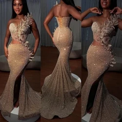 parlak pullar boncuklu denizkızı balo elbise 2023 uzun bölünmüş ışıltılı el yapımı çiçekler örgün abiye vestidos de noche