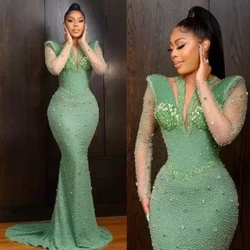Robe de bal sirène à perles vert sauge pour femmes africaines, robe de luxe en cristal perlé Aso Ebi, robe d'occasion formelle, robe d'invité de mariage