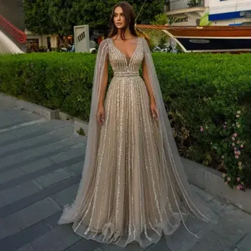 Llewys Cape Llewys Moethus Nude Arabeg Custom Gwisgoedd Nos Gynau A-Line Glain Sexy 2023 Ar gyfer Gŵn Parti Merched
