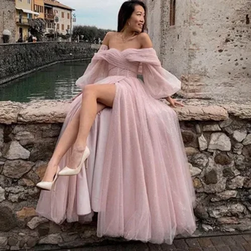 Eeqasn – robe de bal en Tulle rose brillant, épaules dénudées, manches longues bouffantes, robe de soirée fendue, robe de mariée arabe pour femmes, 2023