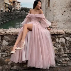 I-Eeqasn Pink Shiny Tulle Prom Igqoka Ehlombe Izingubo Ezinde ze-Puff Sleeve Evening Party zango-2023 Ingubo Yomshado Ye-Slit Yabesifazane base-Arabia