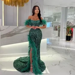 Jirocum Mermaid Vestidos de noche con Luxury Feather Sequins Beading Cocktail Prom Vestidos de la cintura apretada del hombro
