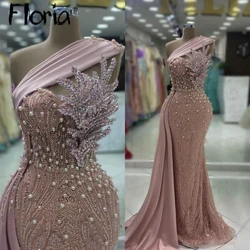 Robe de soirée longue rose Blush scintillant, asymétrique épaule dénudée, avec perles, queue latérale, robe de soirée de mariage, robes de bal formelles de dubaï pour femmes