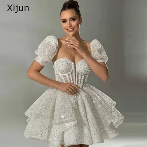 Xijun weißes kurzes Abendkleid Sweetheart A-Linie Mini-Brautkleid 2023 Abnehmbare Ärmel Ballkleid Braut formelles Partykleid