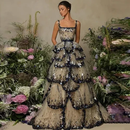 USharon Uthe Izingubo Zakusihlwa ZaseDubai zikanokusho zango-2024 Izigqoko ezi-Sparkly Sequin Tiered Ruffles I-Elegant Women Wedding Party Izingubo Ezisemthethweni SS243