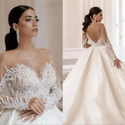 Lýuks arap Dubaý monjuklary Kristal top lybasly toý köýnekleri 2024 Vestido De Noiva ýumşak týul uzyn ýeňli toý gelin lybaslary