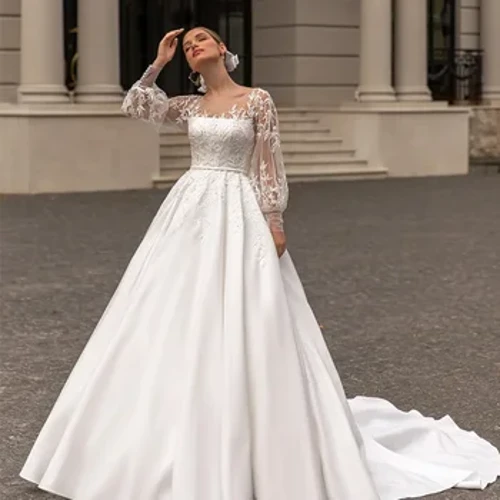 Vestidos de casamento clássicos 2024 mulheres colher pescoço mangas completas noiva cetim com apliques de renda trem varredura uma linha vestidos de noiva personalizados