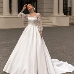 Vestidos de casamento clássicos 2024 mulheres colher pescoço mangas completas noiva cetim com apliques de renda trem varredura uma linha vestidos de noiva personalizados