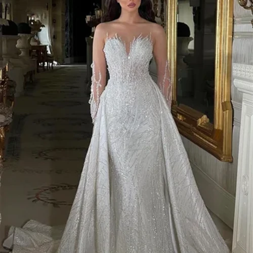 Durchsichtiger Hals, Perlenbesatz, Brautkleider, 2-in-1, Stickerei, Hochzeitskleid mit Illusion, langen Ärmeln, abnehmbarer Schleppe, maßgeschneiderte Brautkleider