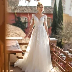 Nguo za Harusi za Bohemian V Neck 2024 Bila Mikono A Mstari Upande Upande wa Spaghetti Mikanda Isiyo na Nyuma ya Lace Nguo ya Urefu wa Sakafu ya Bibi arusi