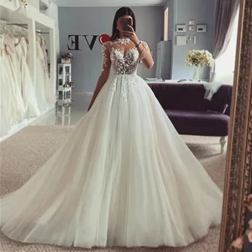 Abiti da sposa a maniche lunghe Abito da sposa a linea alta con collo alto Abiti da sposa in pizzo applicati 2023
