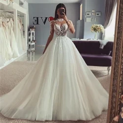 Langärmlige Brautkleider, A-Linie, hochgeschlossenes Brautkleid, applizierte Spitzen-Hochzeitskleider 2023
