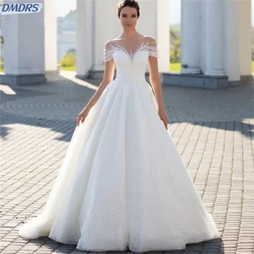 Rochie de mireasa eleganta cu maneca scurta Rochie de mireasa clasica cu margele 2024 fermecatoare Robe de mireasa fara umar in linie A Rochii de novia