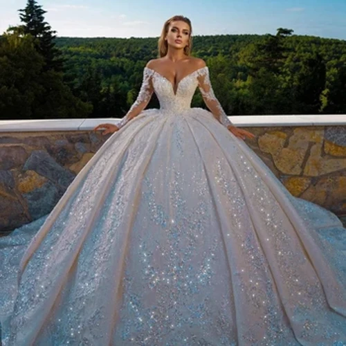 Gŵn Pêl Sequins Sgleiniog Moethus Ffrogiau Priodas Ar gyfer Gwisg Briodas Gwisg Llewys Hir Cain Gŵn Priodas Vestidos De Novia 2024