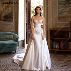 Vestido de novia de fiesta con volantes de satén sirena vestido de novia para mujer Hochzeitskleid cremallera ilusión apliques de encaje hecho a medida