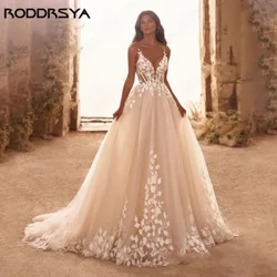 RODDRSYA Spaghetti Bänner Glitter Hochzäitskleeder V-Hals Glänzend Tulle Mat Applikatioun Backless Bohemia Spëtze Brautkleeder Plus Gréisst