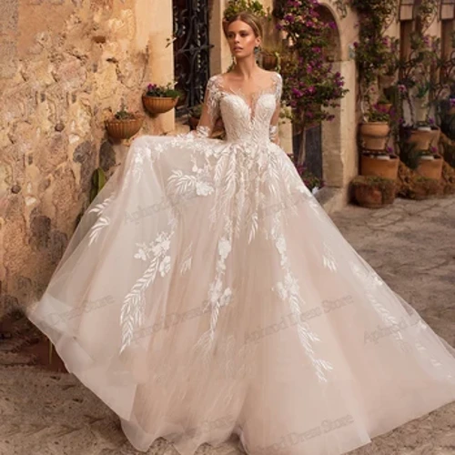 Izsmalcinātas kāzu kleitas A-līnijas tilla līgavas kleitas, mežģīņu aplikācijas ar pilnām piedurknēm, halāti Princese Vintage Vestidos De Novia