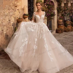 Ffrogiau Priodas Coeth A-Line Tulle Gynau Priodas Haenog Las Appliques Llewys Llawn Gwisgoedd y Dywysoges Vintage Vestidos De Novia