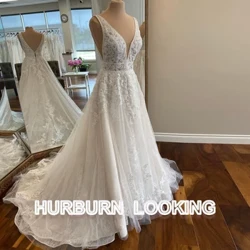 HERBURN Ayollar uchun nozik to'y liboslari to'rli yengsiz tulli kort poyezdi yangi buyurtma qilingan xalat Mariee Robe de Suiree Mariage