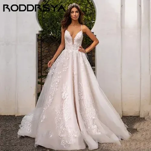 Romantis Tulle Applique Putri Gaun Pengantin Sederhana Tali Spaghetti Brautkleid Seksi V-Neck Lace Up Kembali Gaun Pengantin