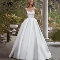 I OD Semplice A-Line Abito da sposa Colletto quadrato Senza maniche Backless Abito da sposa Lunghezza pavimento Abiti da sposa Custom Made Nuovo