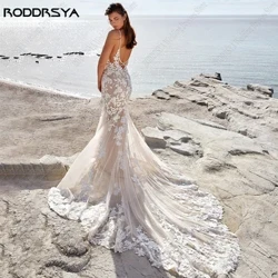 Beach Mermaid Hochzäitskleed Fir Fraen Spaghetti Bänner Appliques Spëtzekleeder Sweep Train Backless Brautkleeder Benotzerdefinéiert Made
