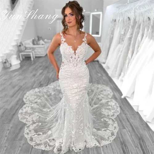Gwisg Priodas Moethus Yunshang Merched 2024 Môr-forwyn Agored Cefn V-Neck Lace Spaghetti Strap Gŵn Priodas Trên Ysgubo Trên Vestidos De Novia