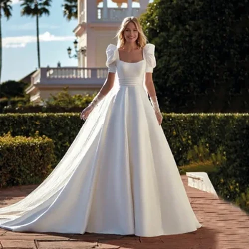 Elegant Square Collar Neck A Line Fa'aipoipoga Fa'aipoipo La'ei Pu'upu'u I tua Satin Ruched Lotu Fa'aipoipoga a le Ekalesia Vestidos De Novia
