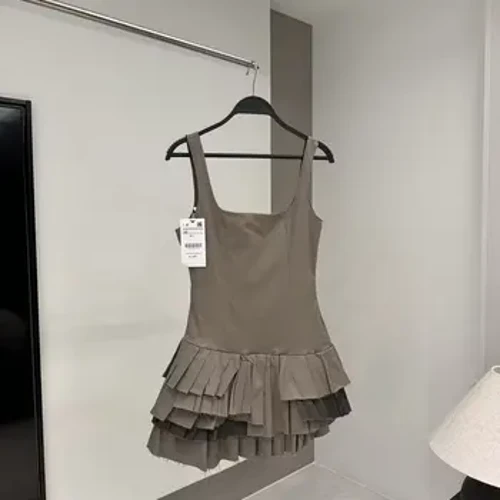 Addurn Haenog Ffasiwn Chic Newydd Merched Slim Fit Suspender pleated eang Gwisg Mini Retro Cefn Agored Gwisg Merched Mujer