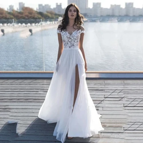Ffrogiau priodas moethus oddi ar gariad ysgwydd Slit ochr llinell gynau priodasol appliques les syml chiffon robe de mariee w10355