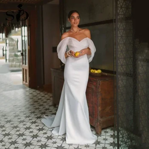 SoDigne 2023 Sommer Hochzeitspartykleider Schulterfrei Falten Brautkleid Meerjungfrau Satin Frauen Brautkleider mit Schleppe