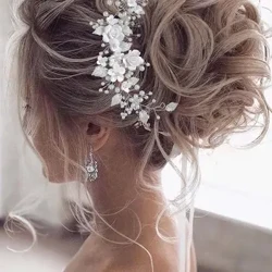 1Pc Bunga Pengantin Pernikahan Rambut Anggur Mutiara Potongan Rambut Pengantin Daun Aksesoris Rambut Rhinestone Ikat Kepala untuk Wanita dan Gadis