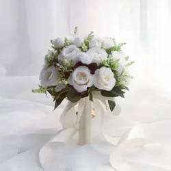 Bouquet da sposa per damigella d'onore, fiori di seta bianchi, rose, bouquet artificiale fatto a mano, accessori da sposa