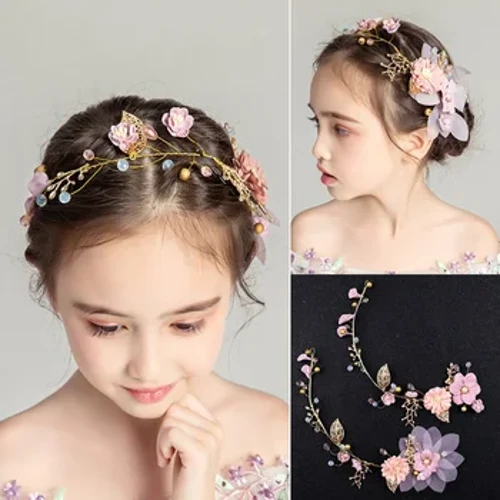 Ručně vyráběná módní čelenka ve zlaté barvě Crystal Faux Pearl Flower Čelenka do vlasů Svatební šperky Listy Dětská dětská hlava Příslušenství
