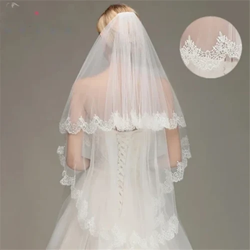 Véu de noiva curto com borda de renda, véu de noiva branco marfim com duas camadas de tule, acessórios de casamento, voile mariage