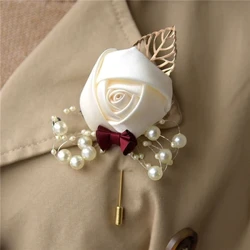 Yaka çiceği yaka iğnesi düğün korsaj takım elbise ilik ipek güller altın yapraklar erkek kadın broş çiçekler Mariage aksesuarları