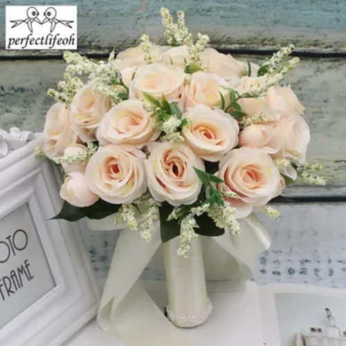 Bouquet da sposa con fiori artificiali in rosa naturale con nastro in raso di seta, rosa, bianco, champagne, festa nuziale per damigella d'onore
