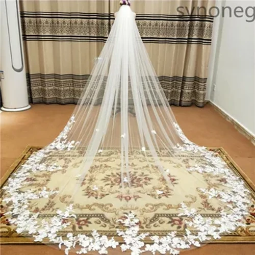 Haqiqiy fotosurat 3m.4m.5m Bir qatlamli toʻy pardasi taroqli oq toʻrli qirrali kelin pardasi fil suyagi aplikeli sobori toʻy pardasi