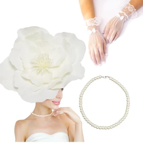 Nya 4st stora blomfascinatorer för kvinnor Tea Party Snygga hattar och handskar Halsbandsset för flickor Tea Party Bröllopstillbehör