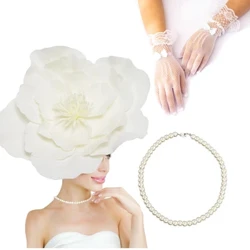 New 4Pcs Large Flower Fascinators for Women Tea Party Fancy Hats and Gloves Necklace Set for Girls Tea Party Wedding Accessories